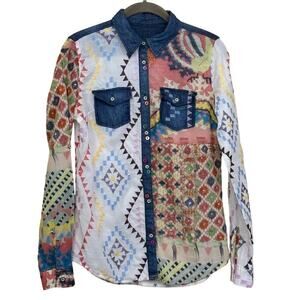 Desigual Multicolor Geometric & Floral Patchwork Shirt with Denim Trim